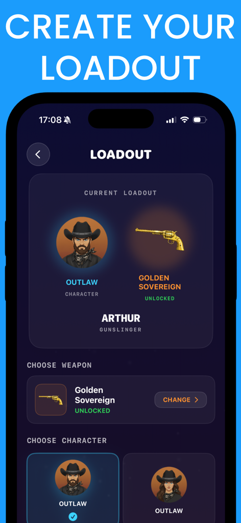 Loadout customization screen for the Quick Draw app featuring character and weapon selection.