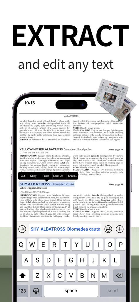 A smartphone screen displaying the OCR feature to extract and edit text from a scanned document.