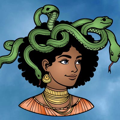 realistic woman snakes on head