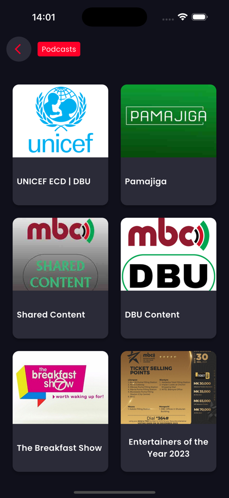 MBC Plus - Sección de podcasts de la aplicación MBC Plus que muestra varios programas de contenido malauí