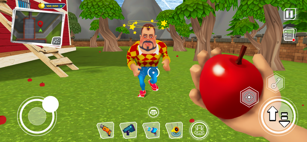 Gameplay aus der Ego-Perspektive von Dark Riddle, das einen betäubten Nachbarn und den Spieler mit einem roten Apfel zeigt