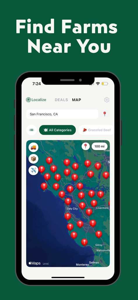 Localize - Farmers Market - Une interface d'application mobile montrant une carte avec des épingles rouges indiquant des fermes locales près de San Francisco.