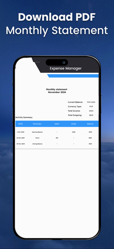 Un smartphone que muestra un informe de estado financiero mensual dentro de la aplicación Planificador de Presupuestos