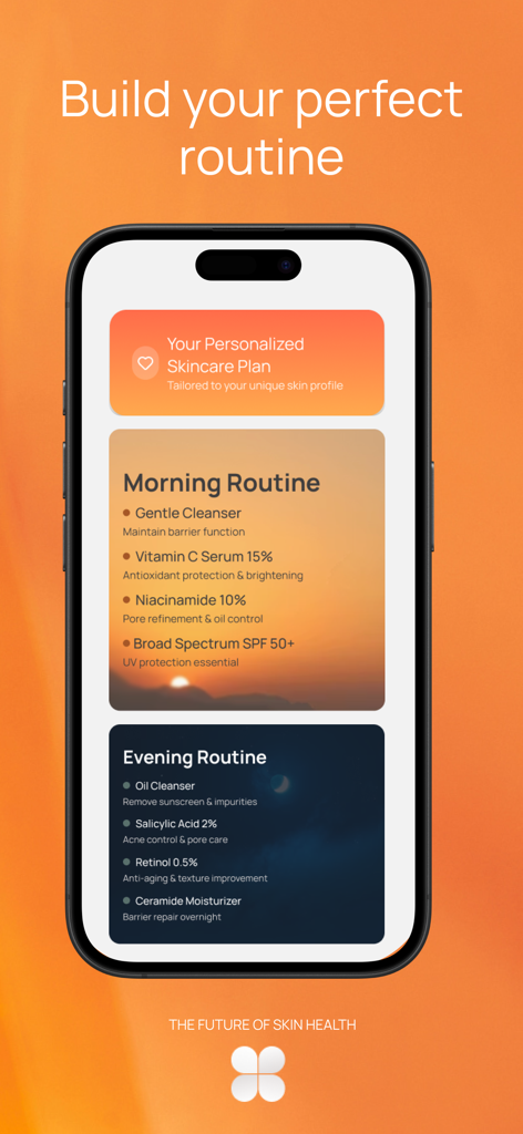 Bloom Skin - AI Skin Scanner - Pantalla de la aplicación Bloom Skin de una rutina de cuidado de la piel personalizada de mañana y noche con ingredientes y productos recomendados por IA.