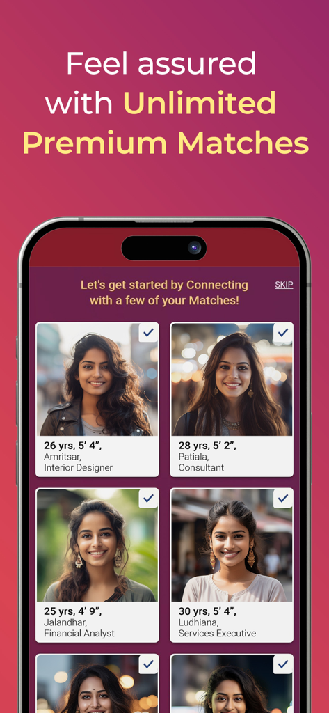 La pantalla de coincidencias premium de la aplicación Matrimonio Punjabi by Sangam que muestra varios perfiles verificados de novias potenciales.