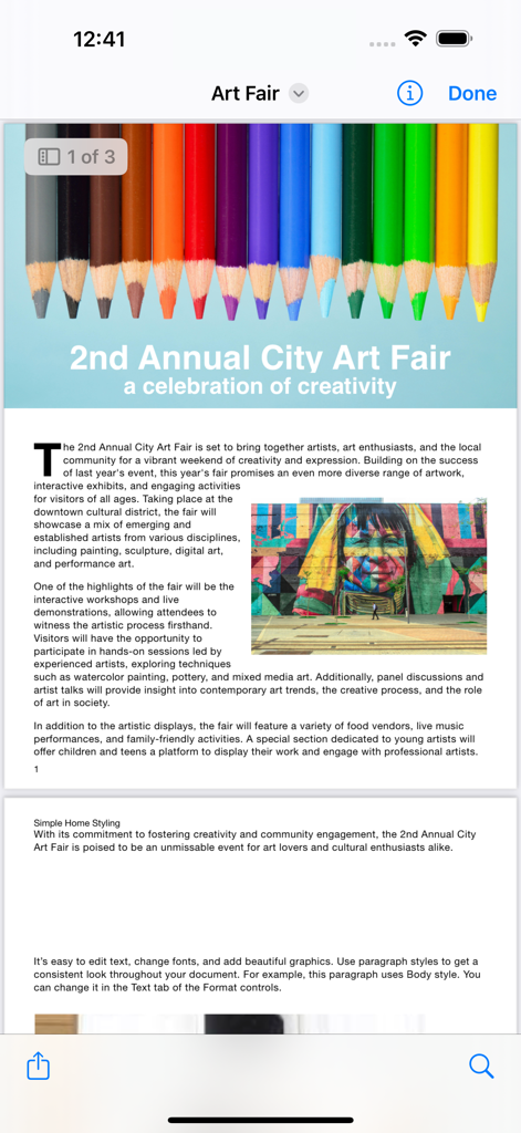 File Viewer app displaying a colorful multi-page document about an art fair on an iPhone screen