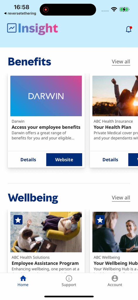 Benefits You - Screenshot of the Benefits You mobile app showing the benefits and wellbeing categories with employee assistance program and health insurance options