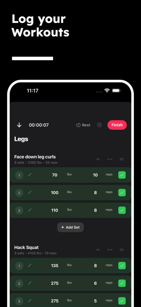 Smartphone screen showing the Lift Card app workout logging interface with sets and reps for leg exercises