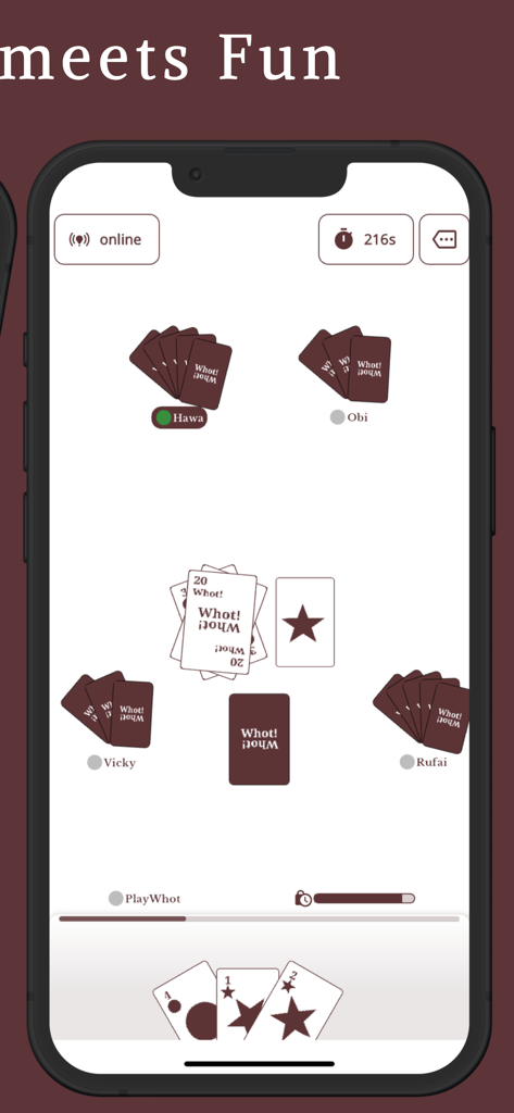 A mobile screen showing an online multiplayer session of the Play Whot card game with multiple players and card decks.