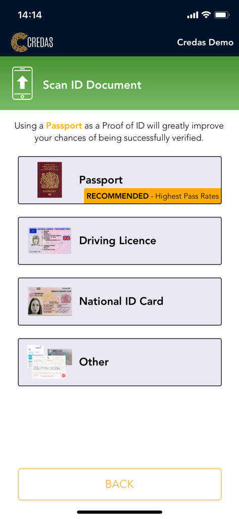 Credas app screen showing options to scan a passport driving license or national ID card