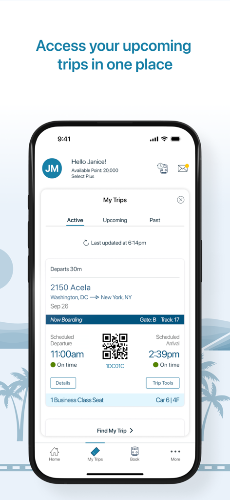 Amtrak app interface showing an active Acela train eTicket with boarding information and a QR code