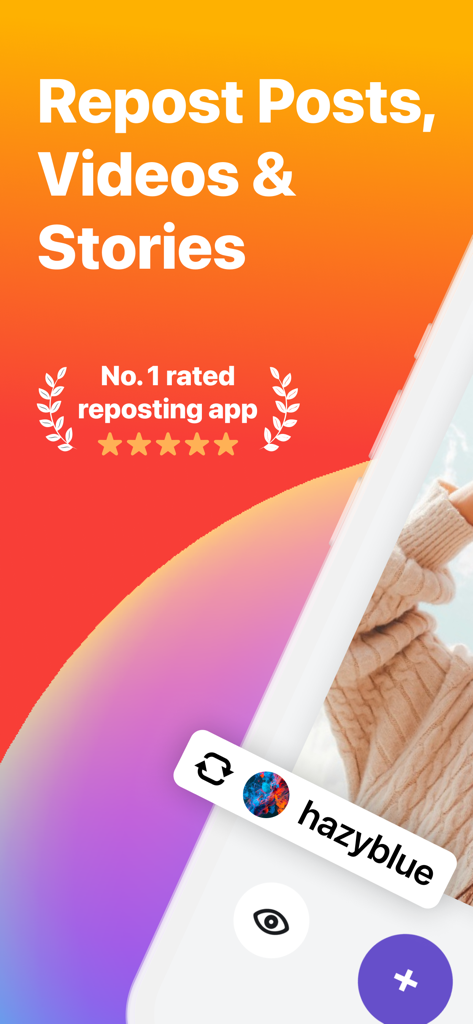 Repost Posts Videos: RepostMax - RepostMax app interface highlighting features for reposting social media posts videos and stories