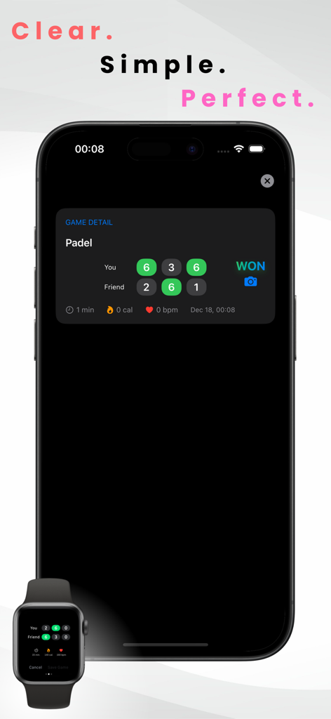 T-Score Tracker: Tennis - iPhone and Apple Watch showing Padel match results and health statistics.