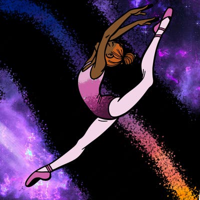 gymnast doing a leap in a leotard with a bent back leg