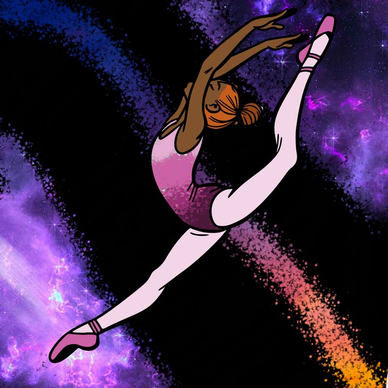 gymnast doing a leap in a leotard with a bent back leg