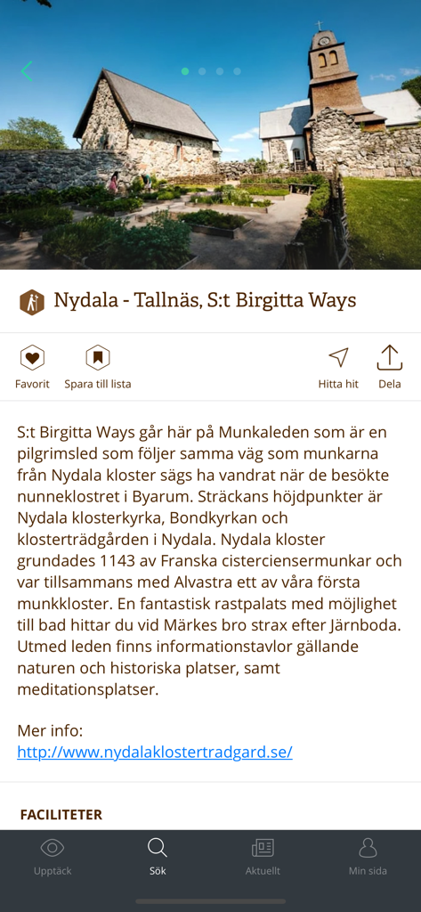Informationsseite für das Kloster Nydala und den Munkaleden-Weg innerhalb der Pilger-App Saint Birgitta Ways