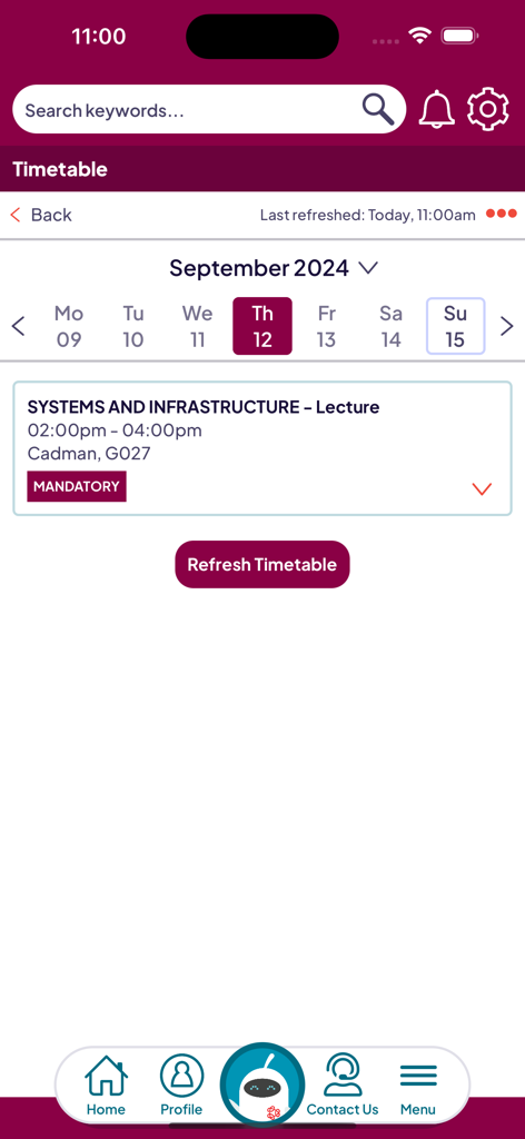 Beacon - Digital Guide - Beacon Digital Guide app interface showing a student timetable for September 2024 with a mandatory lecture scheduled.