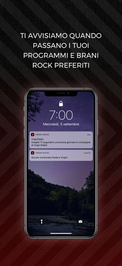 Schermata di blocco dello smartphone che mostra notifiche dall'app Virgin Radio Italy per sveglie e programmi musicali