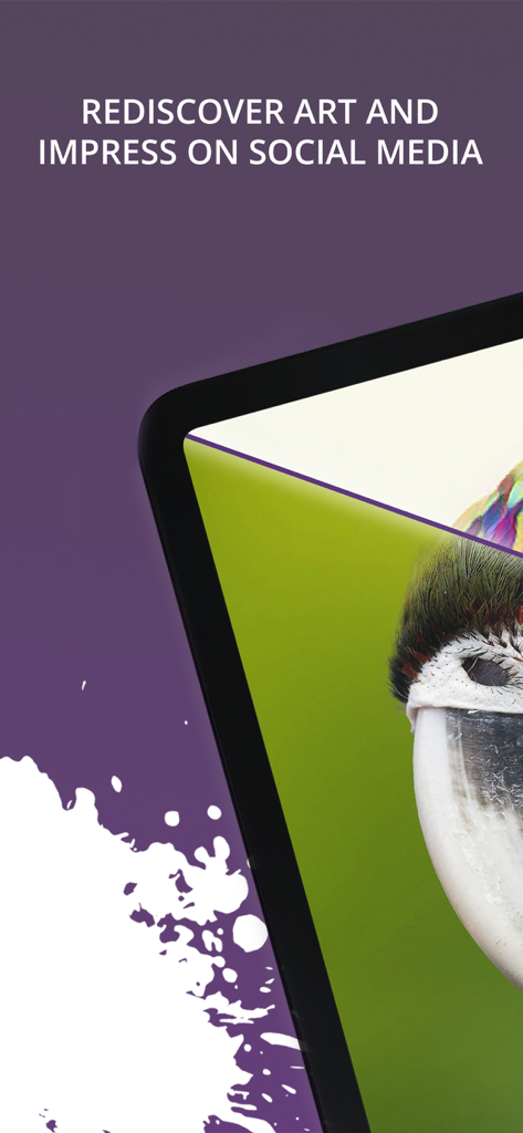 DeepArtEffects AI Photo Editor app screen with an artistic bird image and social media promotional text