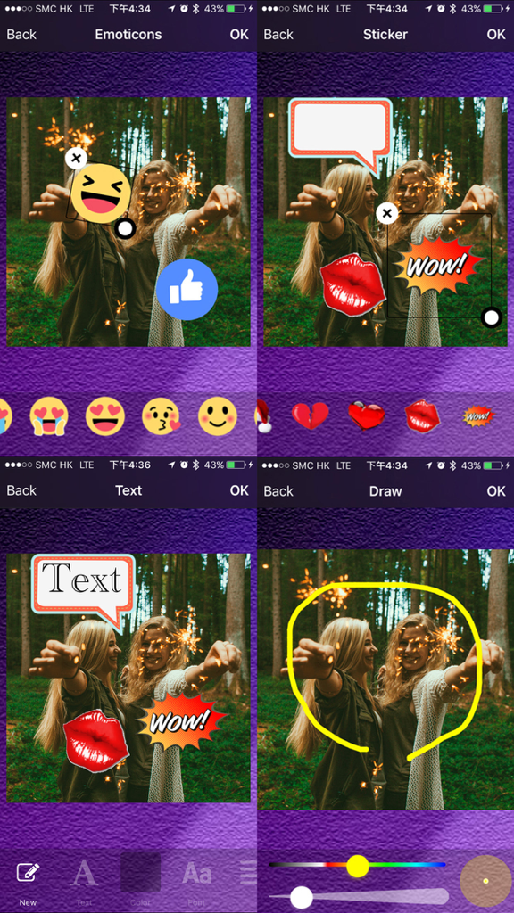Screenshots of PhotoPlus app editing tools including stickers, emoticons, text bubbles, and hand-drawing.