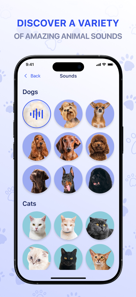 Interfaz de la aplicación SpeakPet que muestra una selección de razas de perros y gatos con opciones para reproducir sonidos auténticos de animales