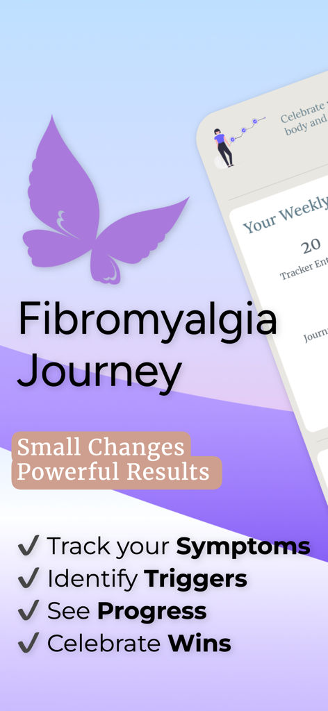 Fibromyalgia Journey app introduction screen featuring a purple butterfly logo and a list of key features including symptom tracking and trigger identification.