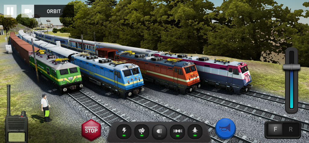Four different locomotives lined up on railway tracks in Indian Train Simulator with game controls visible.