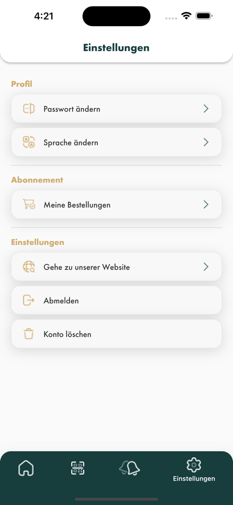 SUN APP (REWARDS) - Settings menu of the SUN APP REWARDS showing account profile and subscription options