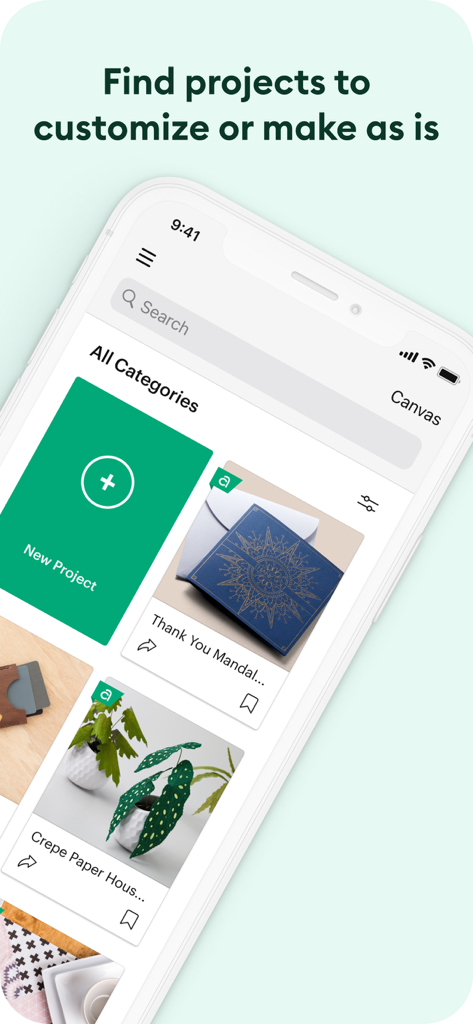 Cricut Design Space - Cricut Design Space mobile app screen showing a library of DIY crafting projects to customize