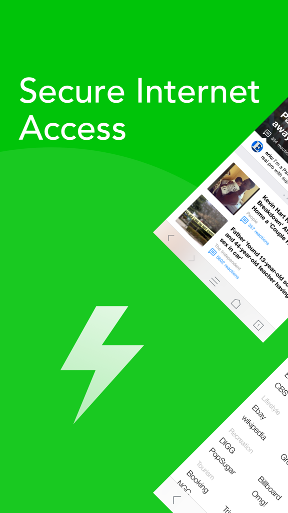 Interface do aplicativo Smart Search Secure browser destacando acesso seguro à internet com um ícone de raio