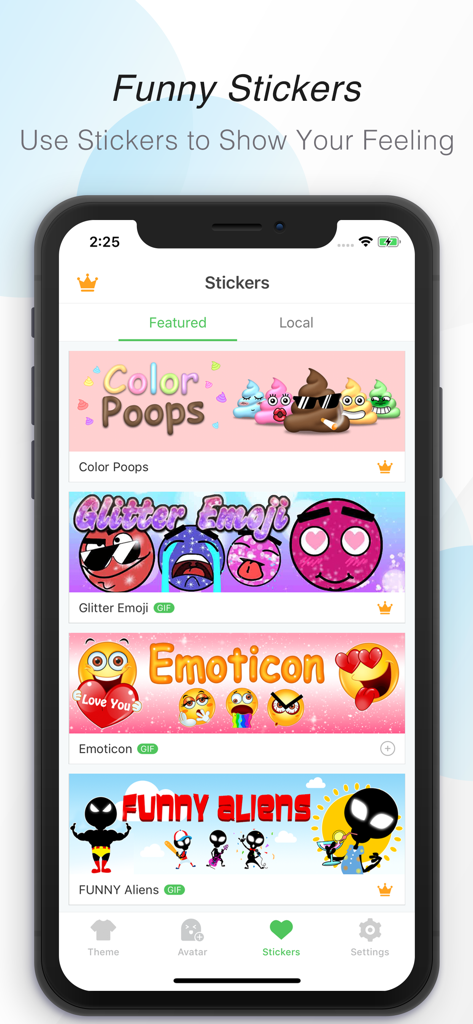A preview of various funny stickers and emoji packs available in the GO Keyboard app.