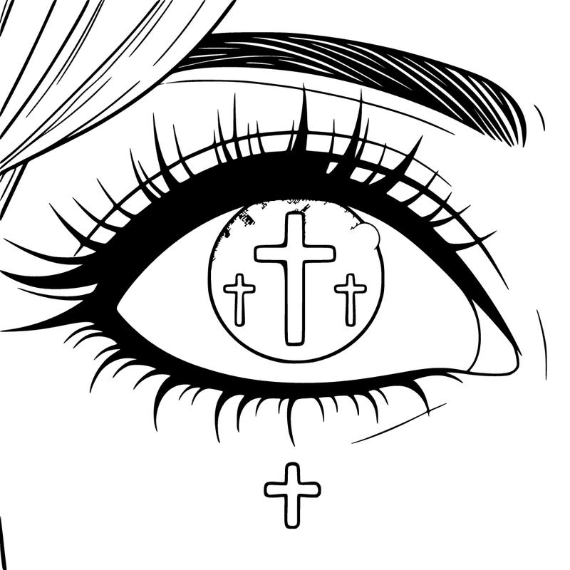 a girls eye with a reflection of the cross in it in the background 3 crosses