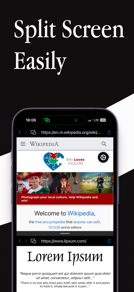 split screen - double window - Una pantalla de iPhone que muestra dos ventanas del navegador abiertas al mismo tiempo en un diseño de pantalla dividida.