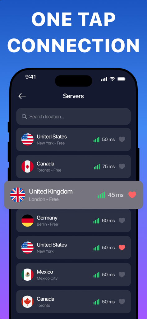 Interfaccia dell'app Secure VPN che mostra un elenco di server internazionali con l'intestazione Connessione con un clic