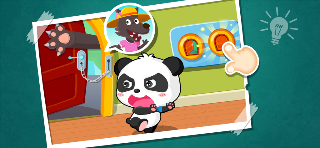 Baby Panda Safety at Home - Educational game screen showing a baby panda learning not to open the door for strangers