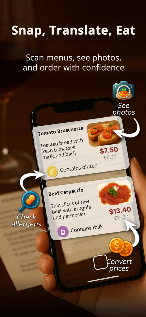 Menu Translator AI: MenuGuide - Pantalla de smartphone mostrando la aplicación MenuGuide traduciendo un menú de restaurante con fotos de comida, información de alérgenos y conversión de precios.
