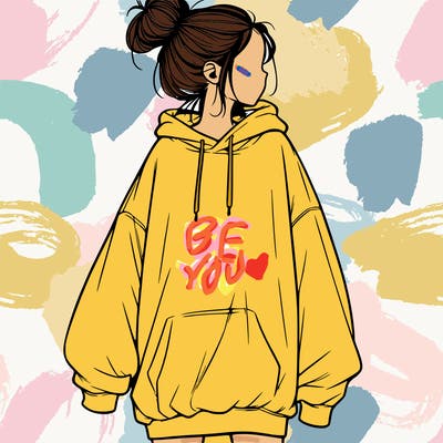 realistic girl with a oversized sweatshirt on and a bun