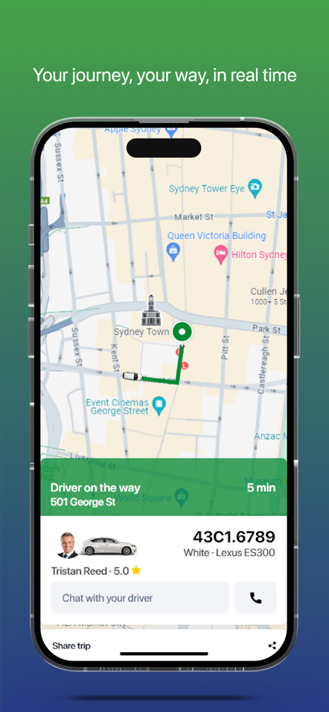LuxCar Chauffeur Service - LuxCar app interface showing real-time chauffeur tracking on a map with driver details and estimated arrival time