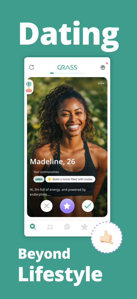 A profile screen on the GRASS dating app for an active outdoor enthusiast featuring lifestyle tags and a professional photo.