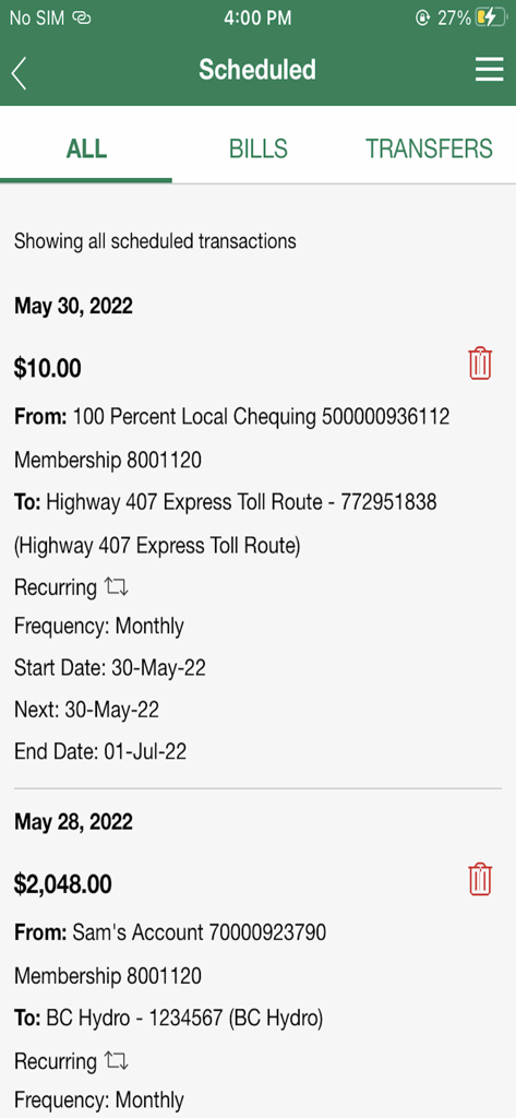 Interface do aplicativo de mobile banking YNCU mostrando uma lista de pagamentos de contas recorrentes agendados e transferências de conta.
