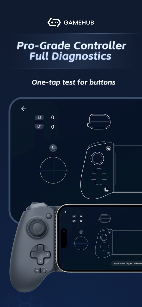 GameHub app interface showing pro grade controller diagnostics and button testing for mobile gaming