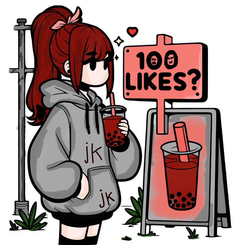 girl with oversized hoodie drinking boba and she has a high ponytail with a sign that says 10likes?