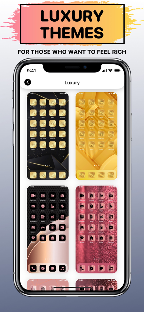 Galería de temas de iconos de aplicaciones de lujo en oro y oro rosa para la personalización de la pantalla de inicio.