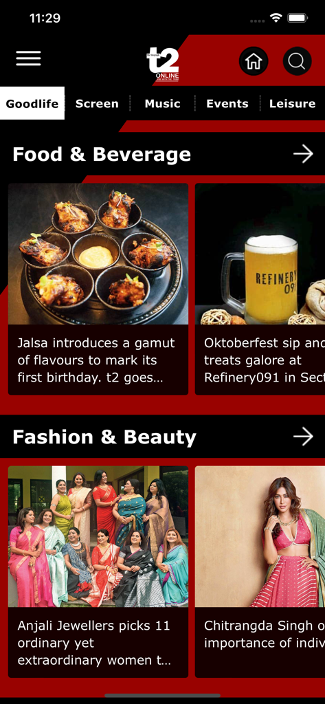 t2 online - App interface of t2 online showing food beverage and fashion beauty sections