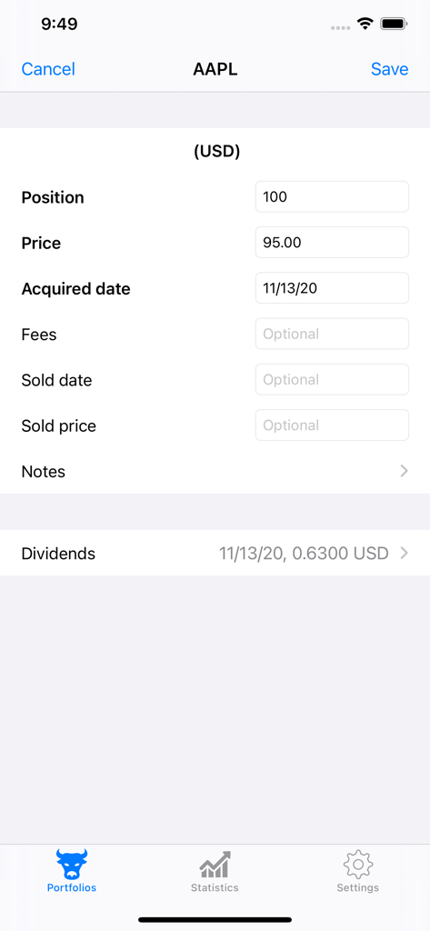 Tela de entrada de posição de ações para AAPL mostrando preço das ações e data de aquisição