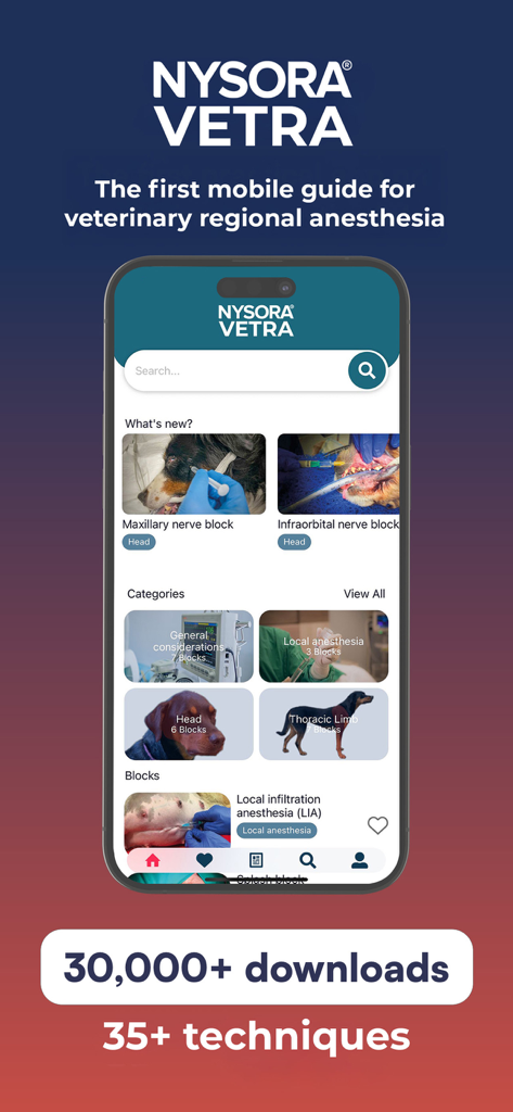 NYSORA VetRAモバイルアプリのインターフェース。獣医地域麻酔技術と神経ブロックのカテゴリーを表示します。