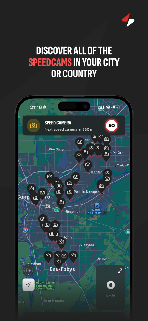 Speedster: speed cams - Interface of Speedster app showing a city map with numerous speed camera icons and a proximity alert