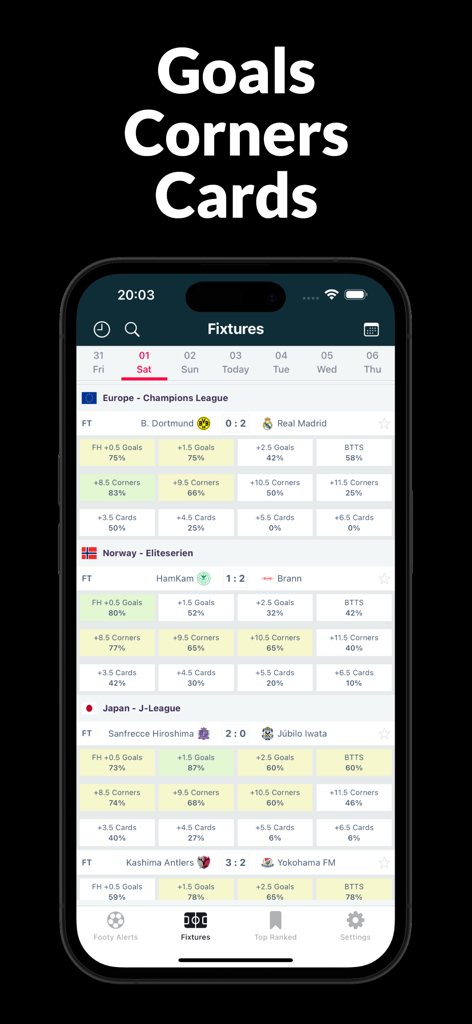 Footy Alerts: Goal Corner Card - Footy Alerts app showing live soccer match fixtures with statistics for goals corners and cards