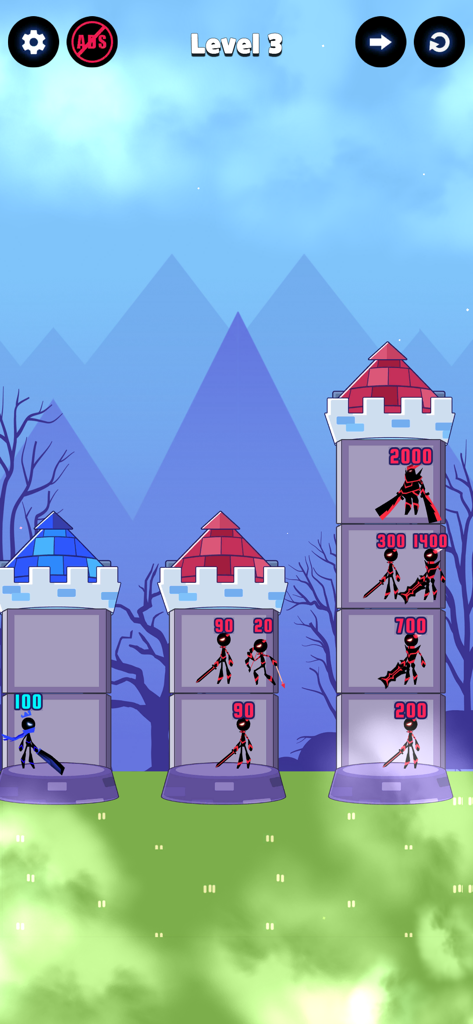 Hero Castle War: Tower Attack - Gameplay screenshot of Hero Castle War showing a ninja hero attacking enemies in towers based on power levels.