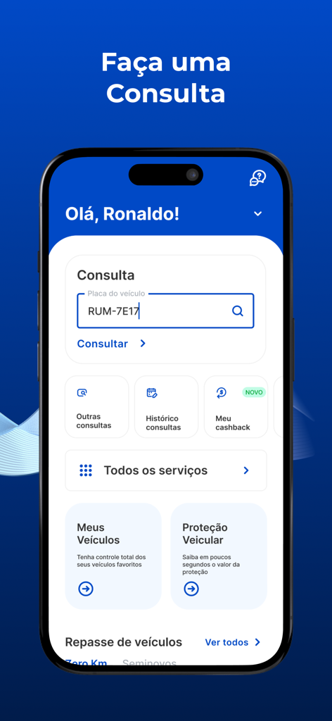 MTix Consulta Veicular - Panel de la aplicación MTix que muestra una barra de búsqueda para consultas de matrículas de vehículos y servicios de historial de coches.